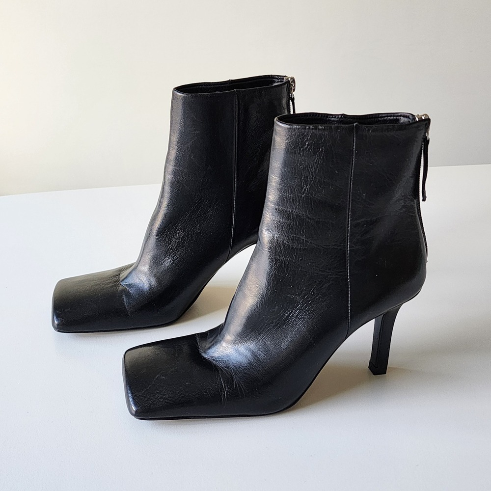 Zara Square Toe Leather Ankle Boots Womens 37 Black Zip Heel Minimalist Chic